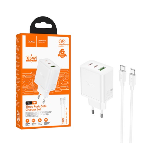 Hoco Adapter N51 Safe 3 Ports 1 USB+2 Type-C PD 65W with Type-C to Type-C Cable 1M White Hoco Adapter N51 Safe 3 Ports 1 USB+2 Type-C PD 65W with Type-C to Type-C Cable 1M White